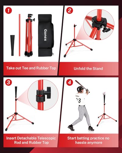 Gonex Baseball Tee Softball Tee Practice Hitting Batting Tripod Stand Rubber Tee Collapsible Portable with Carrying Bag - color: Red