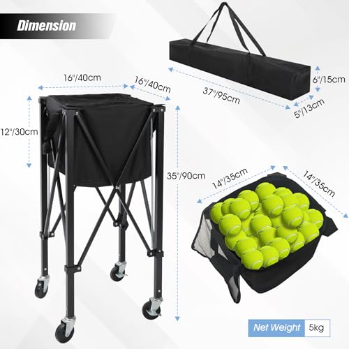 Portable Tennis Ball Hopper Holds 180 Balls, Tennis Ball Basket Cart with 4 Wheels & Brakes, Detachable Oxford Fabric Bag for Tennis and Pickleball Training, Black - color: Black Iron