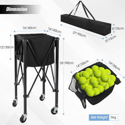 Portable Tennis Ball Hopper Holds 180 Balls, Tennis Ball Basket Cart with 4 Wheels & Brakes, Detachable Oxford Fabric Bag for Tennis and Pickleball Training, Black - color: Black Iron
