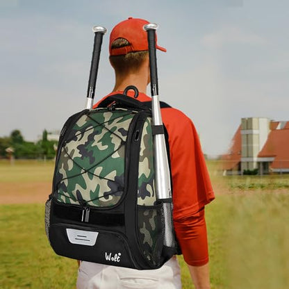 WOLT Youth Baseball Bag - Bat Backpack for Baseball, T-Ball & Softball Equipment & Gear, Bat & Glove Holder, Large Main Compartment for Helmet & accessories, Separate Shoes Compartment, Fence Hook - color: Camogreen