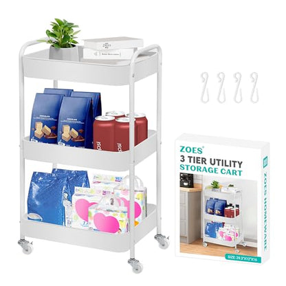 ZOES HOMEWARE 3 Tier Rolling Cart, Metal Utility Cart with 4 Hooks, Rolling Storage Cart on Wheels, Small Organizer Cart for Nursery, Kitchen, Living Room, Bathroom, White - color: White