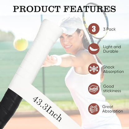 Tennis Racket Grip Tape, Ultra Thin Tacky Tennis Overgrip for Sweat Absorption & Control – Durable Anti-Slip Replacement Grip for Tennis, Badminton & Pickleball (3 Pack) - color: WHITE