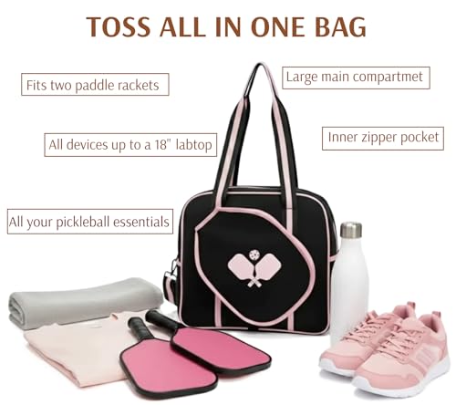 Pickleball Sports Tote Bag with Racket Holder, Neoprene, Adjustable Shoulder Strap - color: Black/Pink