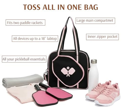 Pickleball Sports Tote Bag with Racket Holder, Neoprene, Adjustable Shoulder Strap - color: Black/Pink