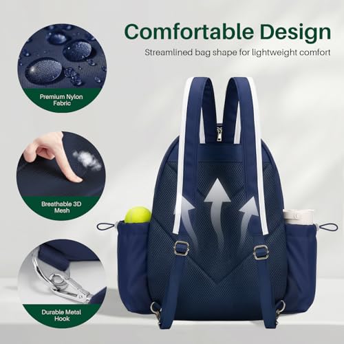 Tennis Bag for Women & Men Sling Crossbody Backpack 2-Racket Waterproof Pocket & Fence Hook Racket Bags Suitable for Pickleball Tennis Badminton - color: Navy