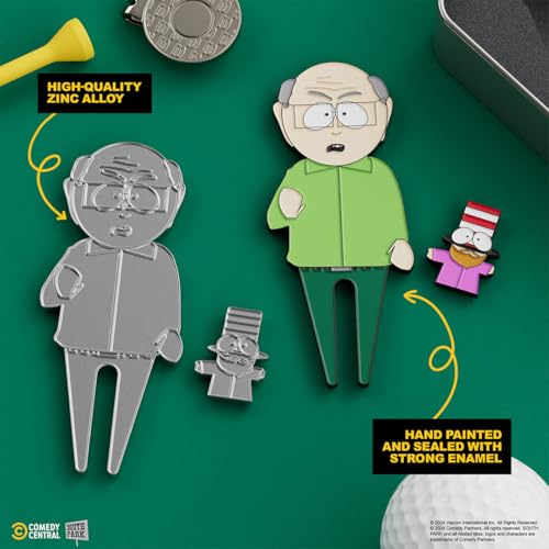 South Park Mr. Garrison Golf Divot Tool and Mr. Hat Ball Marker – Magnetic Collectible Golf Gift Set with Hat Clip & Tin for Golfers