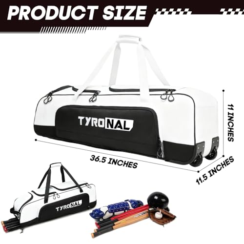 Baseball Bag with Wheels for 4 Bats,Soft Rolling Baseball Bag With Multi-Pockets, Fence Hook, Holds All Baseball Equipment. - color: White/Blk
