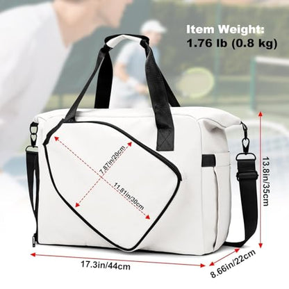 Pickleball Tote Bag with Shoe Compartment and Paddle Storage – Large Capacity Lightweight Pickleball Bag for Women & Men with Water Bottle Holder (White)