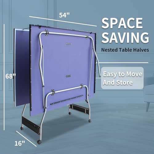 Compact Ping Pong Table, 8ft Mid-Size Indoor/Outdoor Table Tennis Game Set, Foldable, Portable Table Tennis Table with Net, 2 Table Tennis Paddles and 3 Balls, Blue