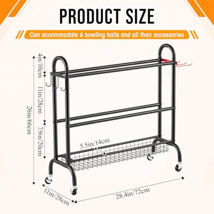 Sosation Bowling Ball Rack with Wheels 3 Tier Heavy-Duty Rolling Bowling Ball Storage Stand with Basket for Sports Equipment Accessories, Home, Gym (Holds 6 Balls)