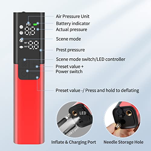 Pumteck MY01 Electric Ball Pump with Inflation & Deflation, Accurate Pressure Gauge and 4 Preset Modes, Automatic Ball Pump for Basketball, Soccer, Football and Volleyball (Max 15 PSI) - color: Red