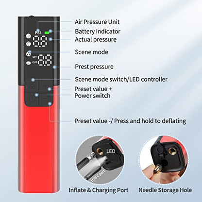 Pumteck MY01 Electric Ball Pump with Inflation & Deflation, Accurate Pressure Gauge and 4 Preset Modes, Automatic Ball Pump for Basketball, Soccer, Football and Volleyball (Max 15 PSI) - color: Red