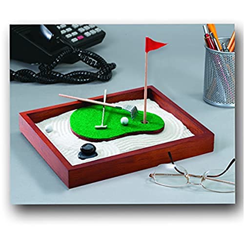 Executive Sandbox - Sand Trap Golf Theme - Mini Desktop Set - Stress Relieving Office Decor - Includes 9.75” x 7.75” Hardwood Sandbox, 6 Putting Green Accessories, and Sand Trap
