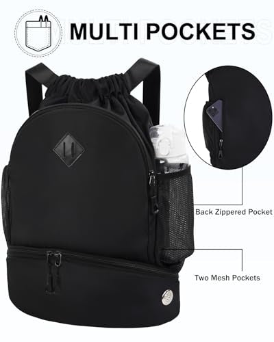 RHDZO Drawstring Backpack Gym Backpack with Shoe Compartment for Men Women String Sports Bag with Wet Pocket Cinch Swim Beach Bag, Large Black - color: Large Black