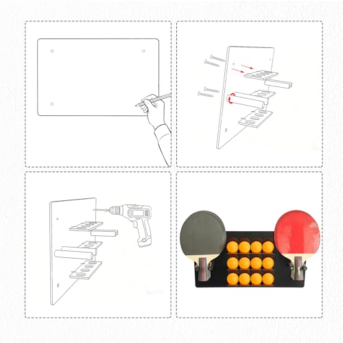 Ping Pong Paddle Holder, Wall Mounted Acrylic Table Tennis Racket & Ball Storage Rack, Holds 6 Paddles and 12 Balls, Space Saving Organizer for Game Room Home Gym, Black