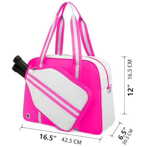 ROYALFAIR Pickleball Tote Bag for Women Men Large Capacity with Paddle Cover Pocket and Adjustable Shoulder strap - color: Pink