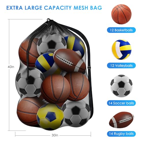 BROTOU Extra Large Sports Ball Bag Mesh, Basketball Bags Team Balls, Adjustable Shoulder Strap, Ball Bags for Holding Soccer, Football, Volleyball, Swimming Gear (30” x 40”)