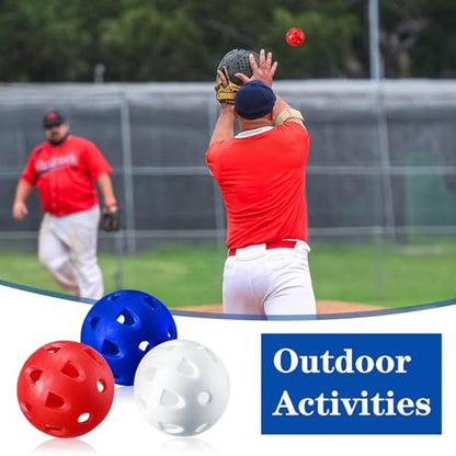VioraWhite 48 Pack Mini Practice Baseballs 1. 65 Inch Small Baseball Training Lightweight Hollow with a Drawstring Bag for Hitting, Batting Training Use - color: Red，blue，white