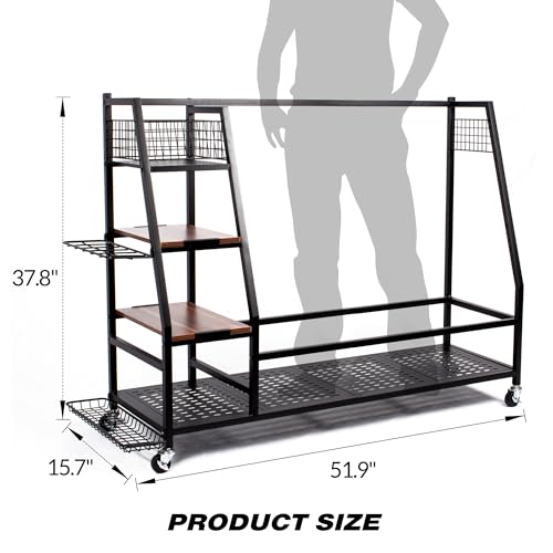 Sttoraboks Golf Bags Storage Garage Organizer, Golf Bag Rack Fits 2/3 Golf Bags and Golf Equipment Accessories, Golf Club Storage Stand with Wooden Shelf and Lockable Wheels for Garage Indoor Basement - style: 3pcs Bag Stand