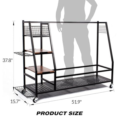 Sttoraboks Golf Bags Storage Garage Organizer, Golf Bag Rack Fits 2/3 Golf Bags and Golf Equipment Accessories, Golf Club Storage Stand with Wooden Shelf and Lockable Wheels for Garage Indoor Basement - style: 3pcs Bag Stand