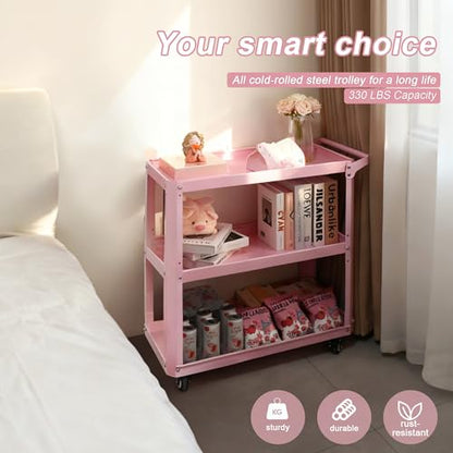 3 Tier Metal Utility Rolling Cart with Wheels, Heavy Duty Storage Organizer Trolley Cart for Kitchen, Bathroom, Office, Bedroom – Multi-Purpose 330Lbs Capacity Utility Cart on Wheels, Pink - color: Pink