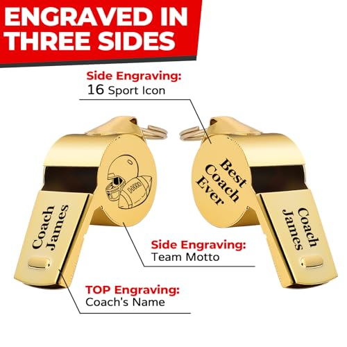 Personalized Whistle for Coach, Silver Whistle Personalized with Lanyard, Appreciation Gift for Referee, Coach, Teacher - color: Gold