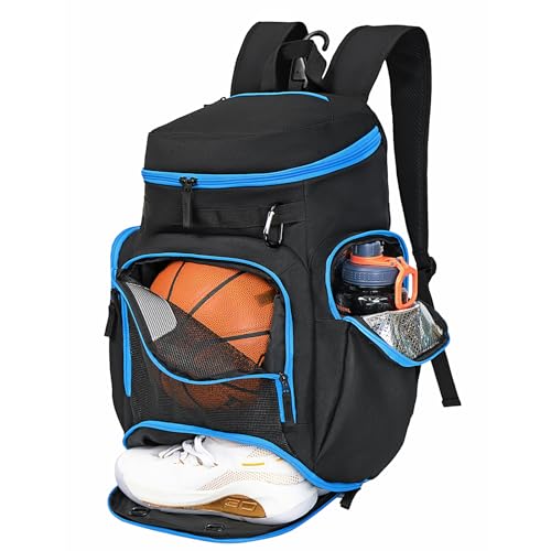 LARIPOP Basketball Backpack with Ball & Ventilated Shoe Compartment Insulated Pockets for Men Youth Training - color: TR Blue