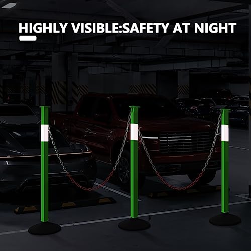 4 Pack Traffic Delineator Post Cones with Weighted Base & Reflective Collars, Adjustable Green Safety Barrier with Plastic Chains for Parking Lot Driveway Road - color: Green