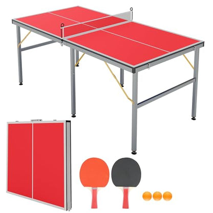 Portable Ping Pong Table, 6X3 ft Foldable Table Tennis Game Tables with Handle, Net, 2 Paddles & 3 Balls, Indoor Outdoor Folding Ping Pong Tables for Adults & Teens, Quick Assembly