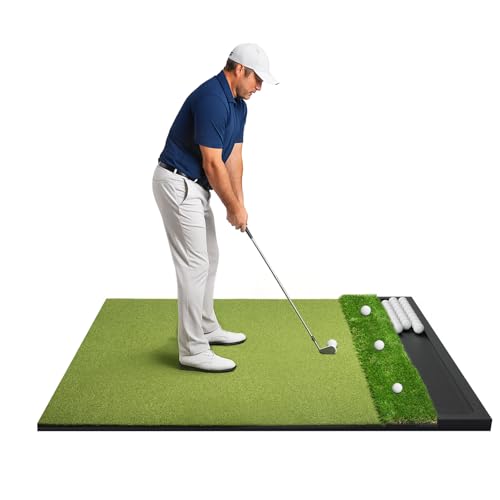 Golf Hitting Mat with Ball Tray 5x4ft - 6x4ft Dual-Turf Practice Mat for Indoor & Outdoor Use Golf Training Mat with Rubber Tee Holes, Suitable for Swing Driving & Chipping - size: 5 x 4 ft - 1.02"