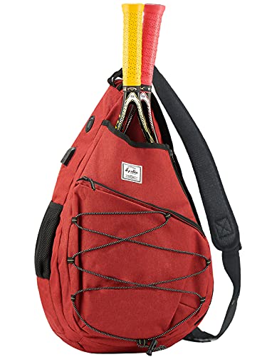 Tennis Bag for Men Women, Racquetball Pickleball Paddle Squash Sling Bags Crossbody Sports Backpack Adult with USB Charge Port - color: Burgundy