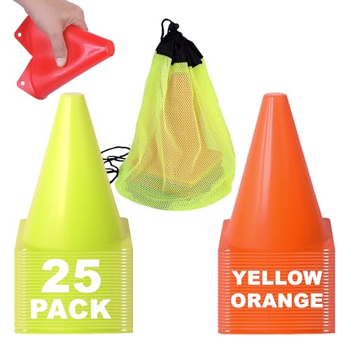 Athllete Cones for Sports Training, 7 Inches Tall & Visible, Durable and Easy to Handle Sports Cones, Ideal for All Kinds of Training Cones Activities and Field Practice Sport - color: 25 Pack, Orange / Neon Yellow