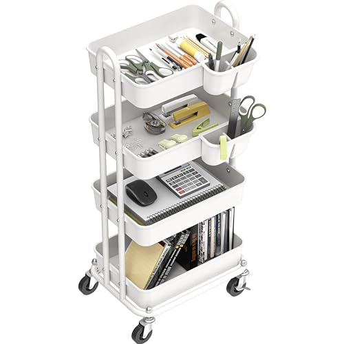 Simple Houseware 4-Tier Multifunctional Rolling Utility Cart with Hanging Buckets, White - color: White, size: 4-Tier