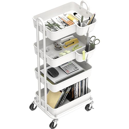 Simple Houseware 4-Tier Multifunctional Rolling Utility Cart with Hanging Buckets, White - color: White, size: 4-Tier