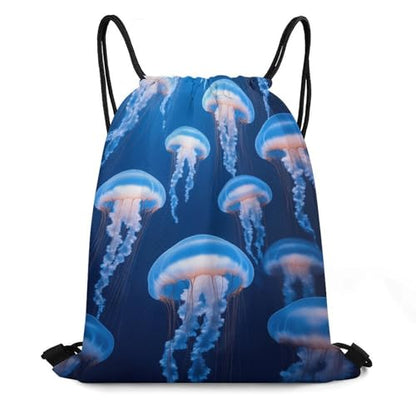 Lightweight Drawstring Sackpack Sports Backpack Waterproof for Gym Travel Hiking Men Women Durable Polyester, Under Sea Ocean Jellyfish Blue Bags - color: Picture (1020)
