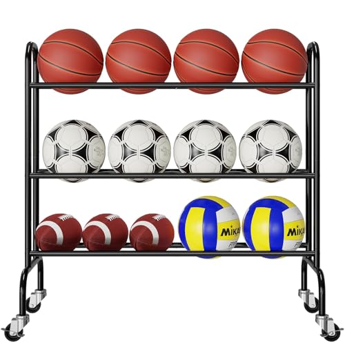 Basketball Rack 3 Tier, Rolling Sport Equipment Holder Ball Storage Cart for Basketball, Football and Soccer, Suitable for Indoor and Outdoor, Black