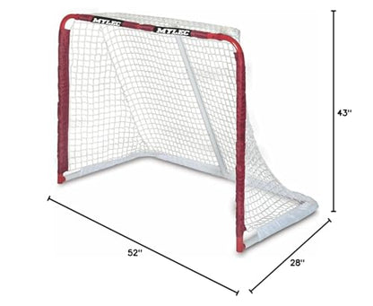 Mylec Steel Junior Hockey Goal for Indoor + Outdoor (52” x 43”), Easy Assembly, Lightweight, Portable, and Net Weave System (Red, 17 Pounds)