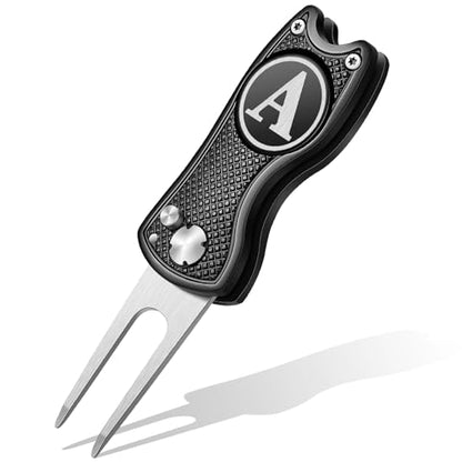 Golf Divot Repair Tool with Letter Custom Monogrammed Initial Ball Marker Divot Tool New Year Golf Gifts Foldable Metal with Magnetic Putt Alignment for Men Father Golfer - color: Black, style: Letter A