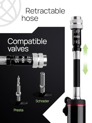 Mini Bike Pump with Pressure Gauge, Compact High-Pressure Hand Pump with Retractable Flexible Hose, Presta & Schrader Compatible, Includes Frame Mount Bracket, Ball Needle & Inflatable Adapter
