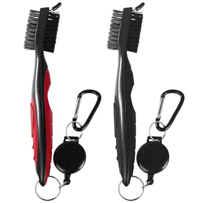 OBTANIM 2 Pack Golf Club Brush Groove Cleaner Tools with Retractable Zip-line Aluminum Carabiner for Golf Club Bag Accessories - color: Red and Black