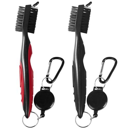OBTANIM 2 Pack Golf Club Brush Groove Cleaner Tools with Retractable Zip-line Aluminum Carabiner for Golf Club Bag Accessories - color: Red and Black