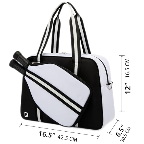 ROYALFAIR Pickleball Tote Bag for Women Men Large Capacity with Paddle Cover Pocket and Adjustable Shoulder strap - color: Black