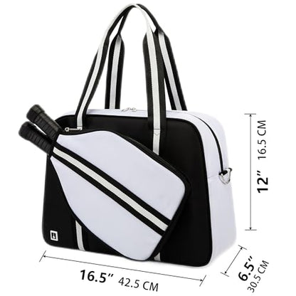ROYALFAIR Pickleball Tote Bag for Women Men Large Capacity with Paddle Cover Pocket and Adjustable Shoulder strap - color: Black