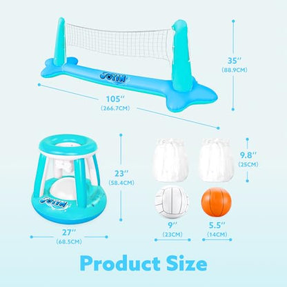 JOYIN Inflatable Pool Float Set Volleyball Net & Basketball Hoops, Floating Swimming Game Toy for Kids and Adults, Summer Floaties, Volleyball Court (105”x28”x35”)|Basketball (27”x23”x27”),L-Blue - color: Blue Cyan, size: Large