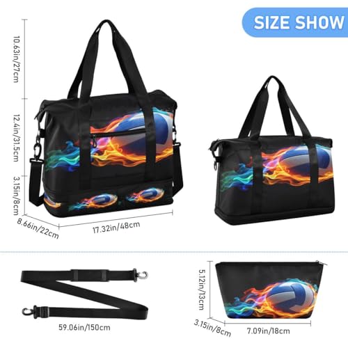 ALAZA Volleyball Ball Black Travel Duffel Bag Tote Bag Multi Compartment Weekender Overnight Bag with Wet Pocket for Travel Men Women