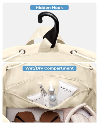 Drawstring Tennis Backpack, Puffer Tennis Racket Bag with Shoe Compartment & Wet Pocket Gym Bag for Women, Suitable for Pickleball Tennis Badminton - color: Beige