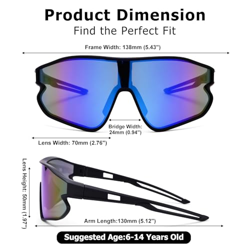 Kids Baseball Sunglasses - Youth Baseball Sunglasses for Boys Girls - Sports Softball Shades Age 6-14 - color: B8 Black / Blue Mirror