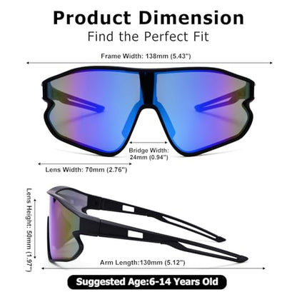 Kids Baseball Sunglasses - Youth Baseball Sunglasses for Boys Girls - Sports Softball Shades Age 6-14 - color: B8 Black / Blue Mirror