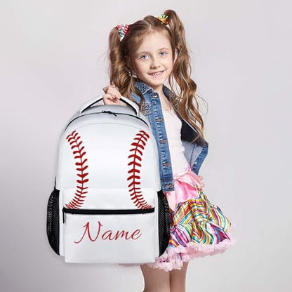 Custom Baseball Sport Kid's Backpack with Name/Text Preschool Backpack for Boys Girls, 17 Inch Ball Bookbag for Preschool Elementary Kindergarten Vacation Travel Picnic - color: White