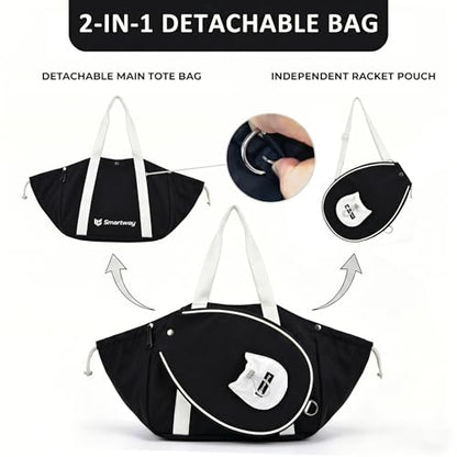 Smartway Pickleball Tote Bag for Women, Stylish Tennis Bag with Detachable Paddle Pocket, Waterproof Large Capacity Court Shoulder Bag for Gym, Daily & Weekend Trips, Men Ideal Pickleball Gifts - color: Black